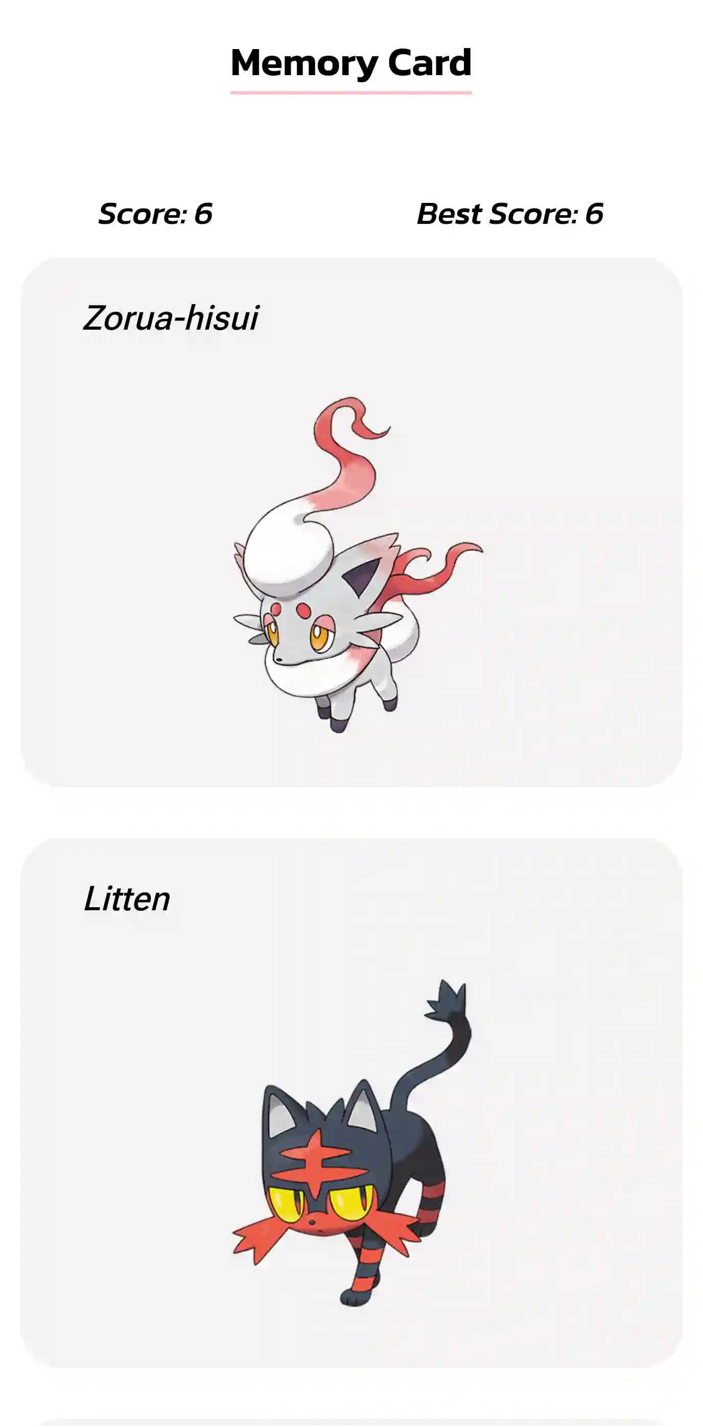 Front-Page of the Project 'Memory Card', Mobile-view of a random game